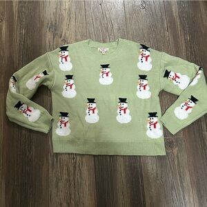 Merry Christmas by POOF snowman Sage green sweater women's M holiday soft cozy